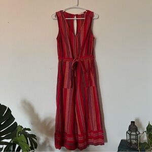 Red Striped Sleeveless Jumpsuit with Tie Waist